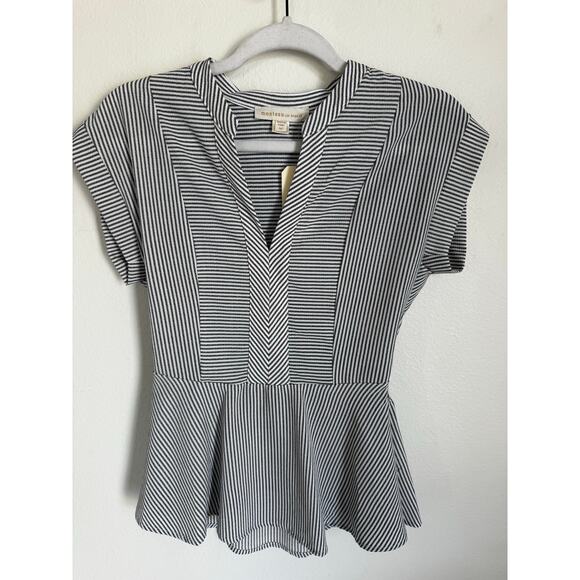 NWT Monteau Women's Peplum Blouse Blue White Stripe Size Medium - Picture 2 of 7